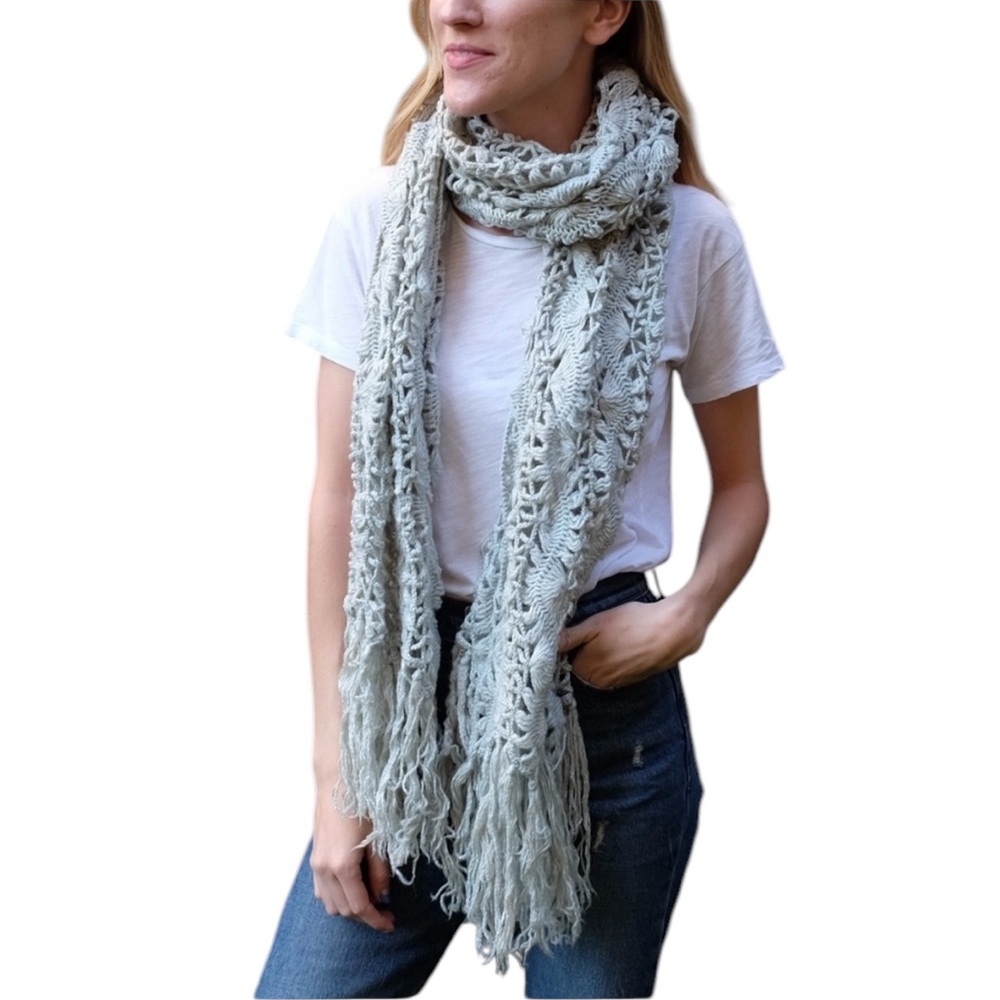 Vintage Warm Long Crocheted Thick Knit Winter Scarf w/ Fringe - Pastel Green